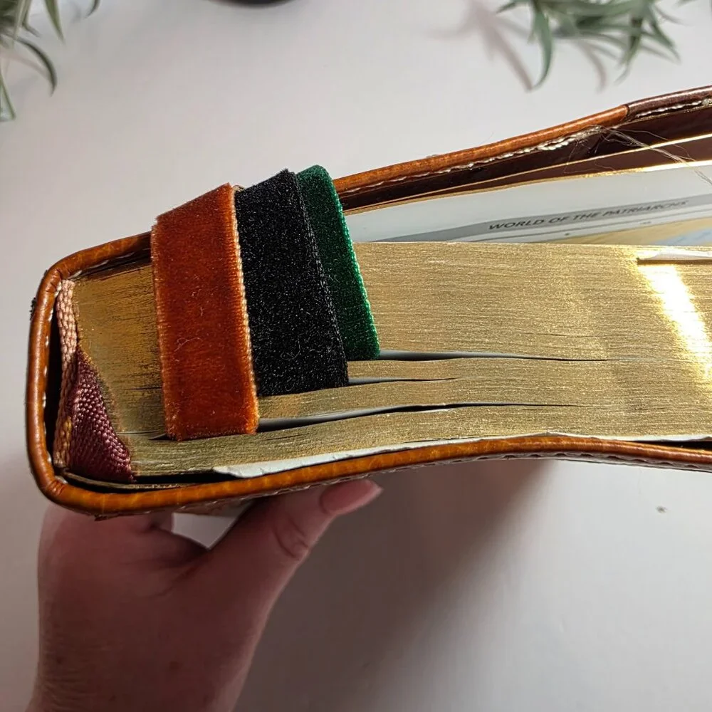 Handmade Velvet Bible Bookmark with Glass Beads & Embossed Leather Tab